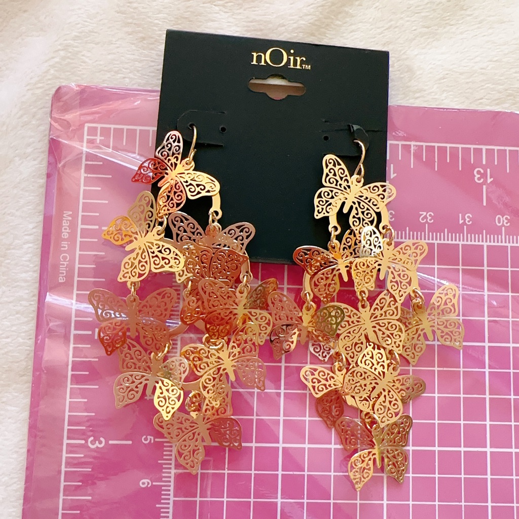Noir Earrings Hallowed Butterfly Gold Tone Tassels Lightweight